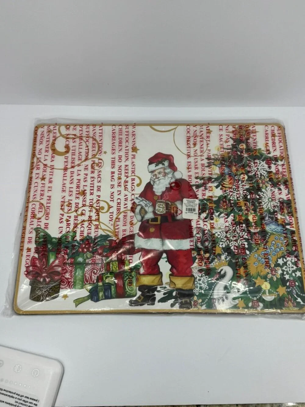 Williams Sonoma Christmas Santa Placemat Cork-Backed Festive Tree & Gifts Design